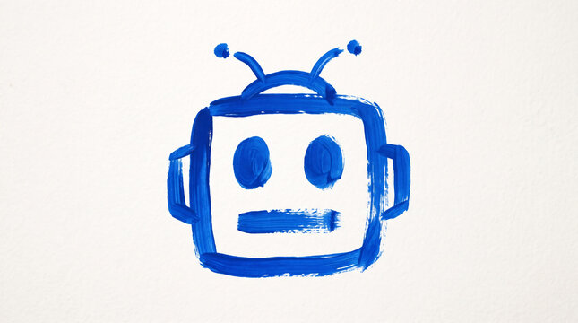 Blue hand painted robot head icon with textured watercolor brush strokes on white paper