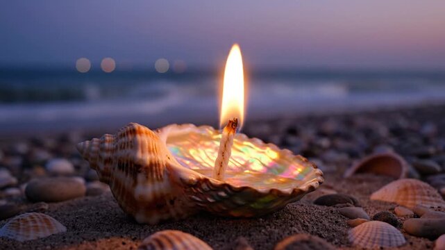 Lighting a candle in a seashell on a beach at sunset