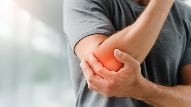Close-up of a person holding a painful elbow with highlighted inflammation, illustrating joint discomfort, musculoskeletal health, injury, arthritis and healthcare concepts.