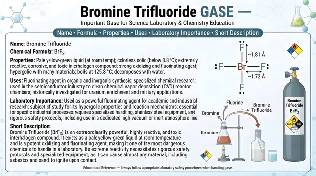 Bromine trifluoride gas science laboratory reference infographic showing formula BrF3, molecular structure, interhalogen chemistry, strong fluorinating power, oxidizer behavior, corrosive hazards, and