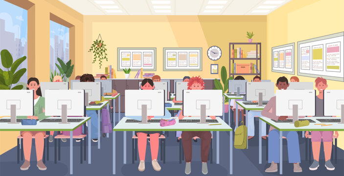 Vector illustration of a modern classroom where students are using desktop computers. School children studying computer science and pupils working in a computer lab. Concept of modern education