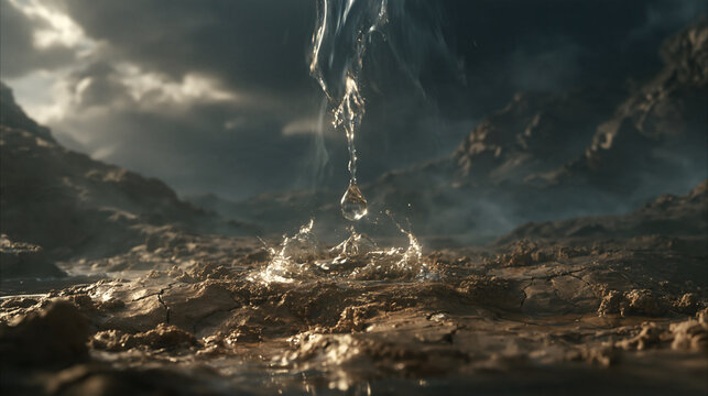 荒れた大地に落ちる一滴の水を幻想的に描いたシネマティック背景｜Cinematic Fantasy Scene of a Water Droplet Falling onto Barren Land