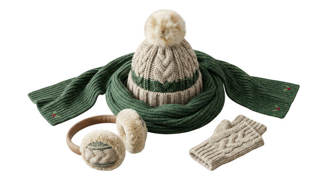Knitted winter set including a pompom hat scarf earmuffs and fingerless gloves with a green and beige color scheme transparent background