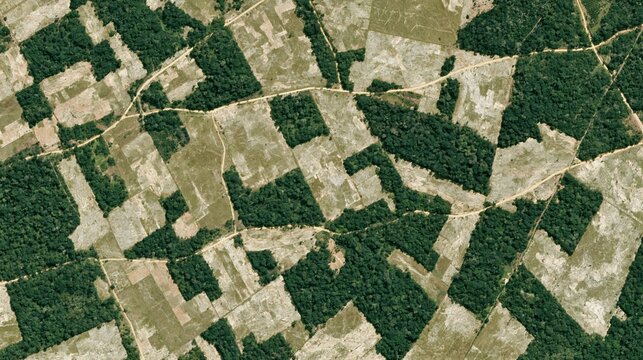 The Patchwork Fields from Above: Aerial View of Farmland and Forest Patches