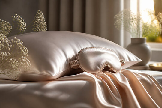 A satin pillow with a silk sleep mask resting on a luxurious bed in a softly lit bedroom.