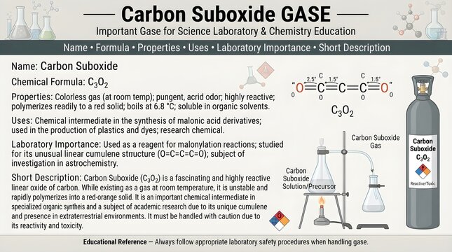 Carbon suboxide gas science laboratory reference infographic featuring formula C3O2, linear cumulene structure, reactive carbon oxide chemistry, polymerization behavior, synthesis uses, hazards, and s