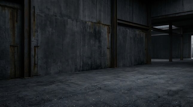 Dark empty industrial warehouse interior with concrete walls and moody shadow lighting