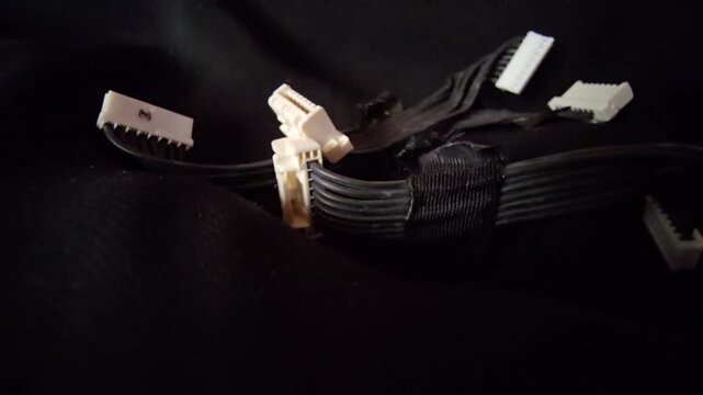 Macro Shot of Multiple Electronic Wire Connectors and Black Ribbon Cable Harness from Disassembled Device on Dark Background