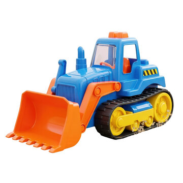 Blue toy bulldozer with orange shovel playing