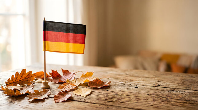 German flag on ground with fallen leaves