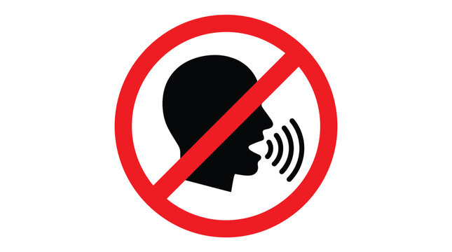 No talking sign with a human head and sound waves in a red prohibition symbol