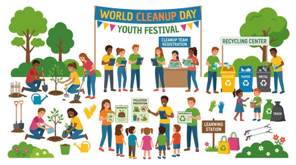 Fototapeta premium World Cleanup Day Youth Festival: Volunteers Planting Trees and Recycling
