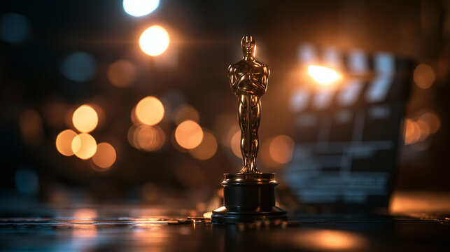 Golden Movie Award Statue with Film Clapperboard
