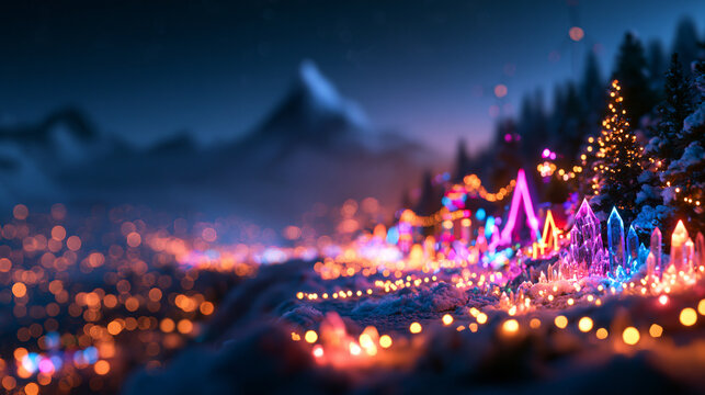 Magical Winter Holiday Landscape with Glowing Christmas Lights