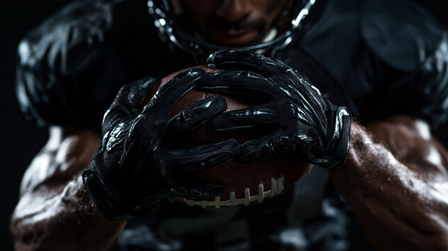 American Football Player Holding Ball in Gloved Hands
