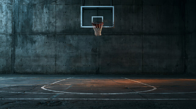 Empty Urban Basketball Court with Concrete Wall