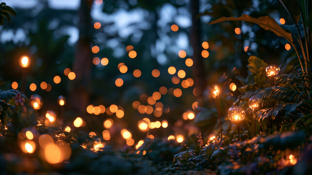 Glowing Fairy Lights and Lanterns in Night Garden