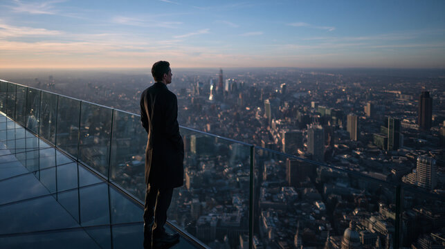 Businessman Standing on Skyscraper Balcony Overlooking City Skyline