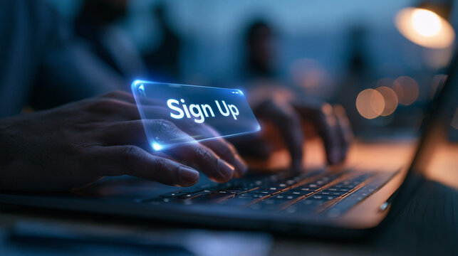 Person Typing on Laptop with Futuristic Sign Up Interface