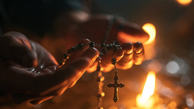 Hands Holding Rosary Beads in Candlelight Prayer
