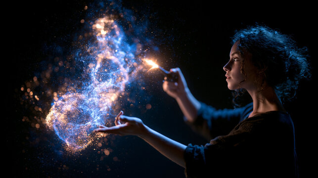 Young Witch Casting Magic Spell with Glowing Wand