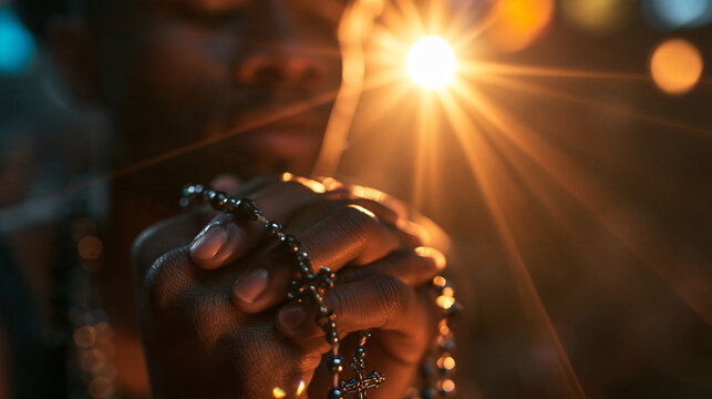 Man Praying with Rosary Beads in Glowing Light