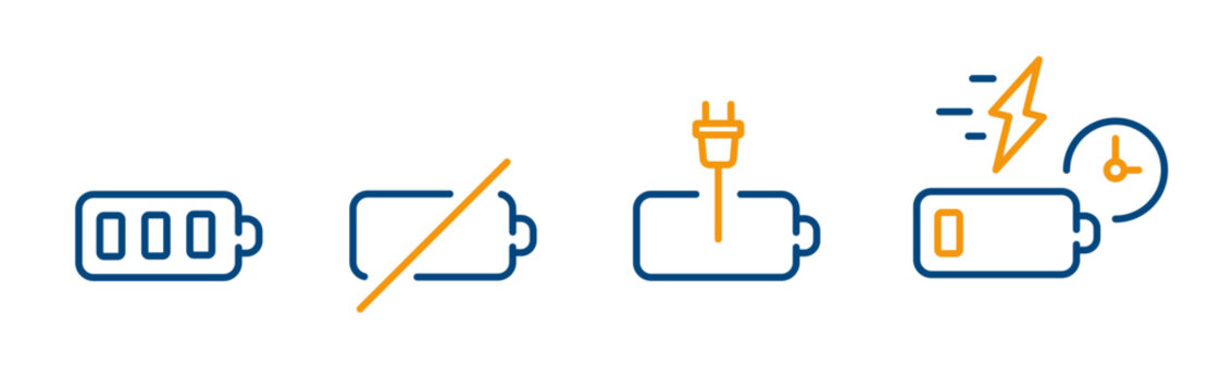 Battery icon set vector illustration, outline icons of fast battery charging, discharged accumulator, connect the charger, crossed-out  accumulator indicator, vector illustration