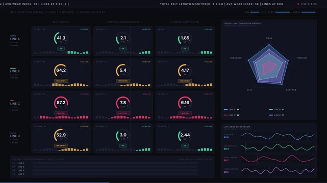 Conveyor reliability dashboard showcasing a belt condition comparison across factory lines with detailed metrics and visual alerts for monitoring performance.