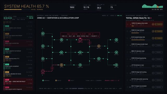 Explore a detailed material handling dashboard showcasing conveyor faults and maintenance priorities with real-time data visualization and system health metrics.