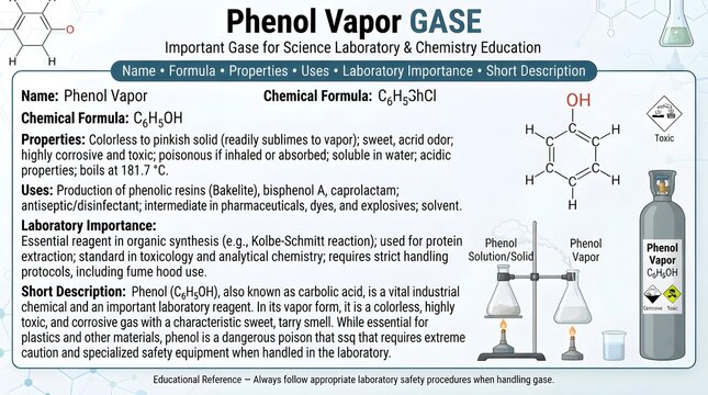 Phenol vapor gas science laboratory reference chart presenting formula C6H6O, aromatic hydroxyl structure, acidic behavior, resin production uses, antiseptic history, toxicity, and handling safety
