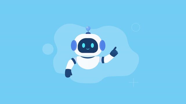 Animated video showing a friendly artificial intelligence robot waving while floating in a soft cloud environment on a bright blue background.