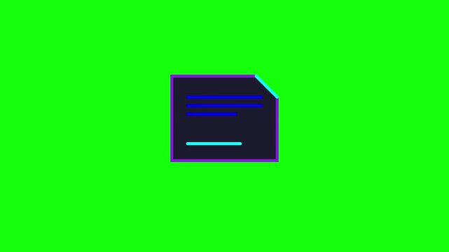 Animation icon of a digital document with a checkmark. Neon blue and cyan elements on a dark paper symbol. Bright green background. Stylized electronic contract verification symbol.