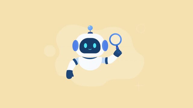 Animated video showing a friendly artificial intelligence robot holding a magnifying glass, representing digital search, research, discovery, and smart technology on a soft yellow background.