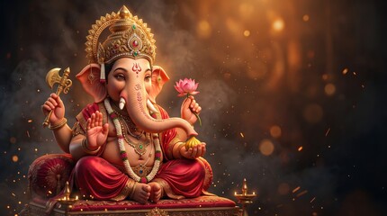 Obraz premium Lord ganesha sitting on a throne holding a lotus and axe surrounded by soft smoke and golden bokeh ganesh chaturthi