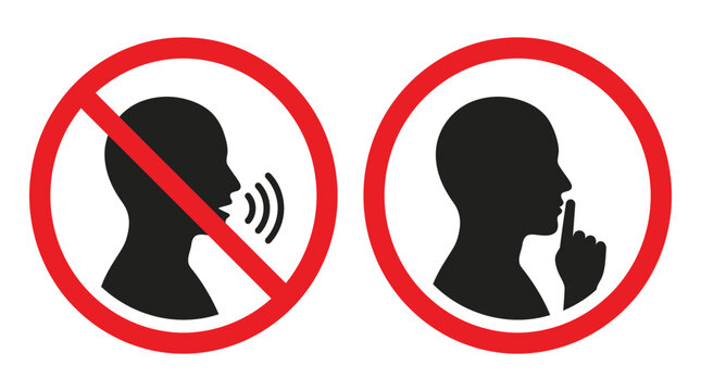 No talking and silence signs with red circle and line through and finger on lips