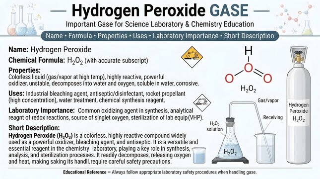 Hydrogen peroxide gas science laboratory reference poster featuring formula H2O2, molecular structure, oxidizing properties, sterilization uses, decomposition behavior, corrosive risks, and safety han