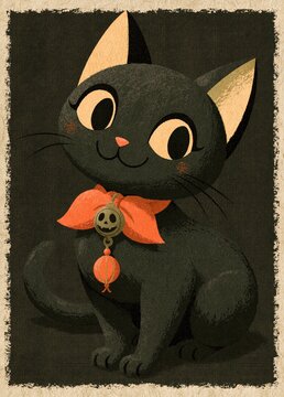 Charming black cat with red bow illustration.
