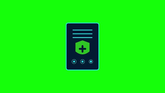 Animation icon of a medical health security interface card featuring a green shield with a plus symbol, data lines, and bottom buttons on a bright green background for digital media.