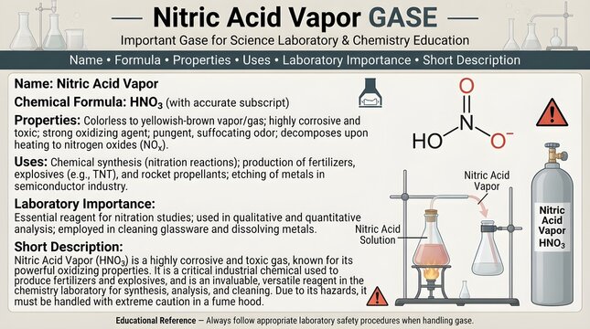  Nitric acid vapor gas educational chemistry reference chart presenting formula HNO3, molecular structure, strong oxidizing behavior, nitration uses, metal reactions, corrosive fumes, toxicity risks, 