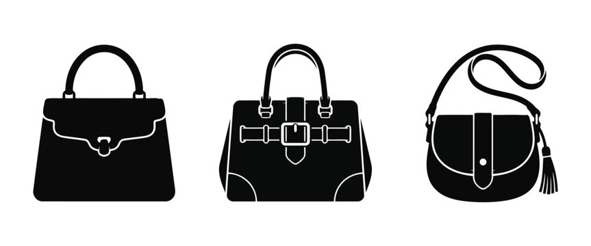 Minimalist black handbag icons, set of 3 luxury fashion purse vectors, elegant female shoulder bag and tote silhouettes for retail