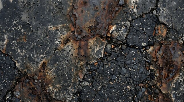 Top view of dark grey cracked asphalt road surface with small colorful stones and debris