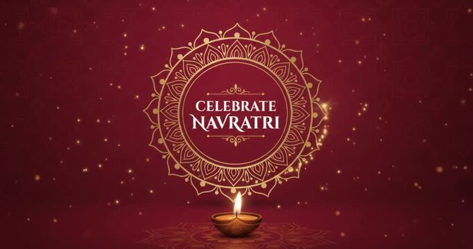 Celebrate Navratri festival greeting video background with golden mandala frame and diya lamp