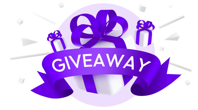 Giveaway promotional banner with purple gift boxes.