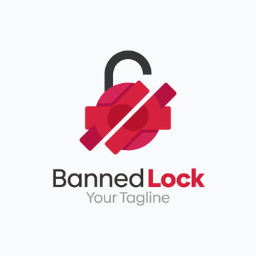 This logo creatively incorporates a padlock crossed out with a bold red line, symbolizing restriction and security, making it suitable for businesses focused on cybersecurity.