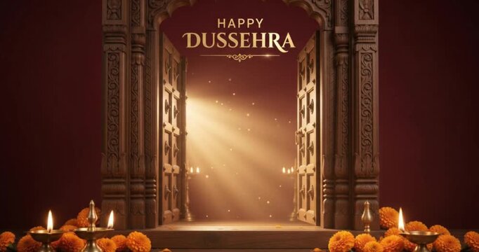 Happy Dussehra video background with ornate stone doorway, light rays, and glowing diyas
