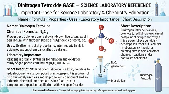 Dinitrogen tetroxide gas science laboratory reference infographic featuring formula N2O4, molecular structure, nitrogen dioxide equilibrium, powerful oxidizer uses, rocket propulsion role, toxicity, a