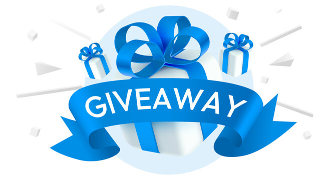 Giveaway concept banner with gift boxes and blue ribbon.