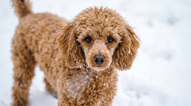 Apricot poodle standing in snow with frost covered face