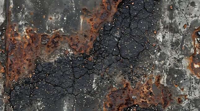 Abstract dark stone texture with cracked grey surface and reddish brown mineral veins