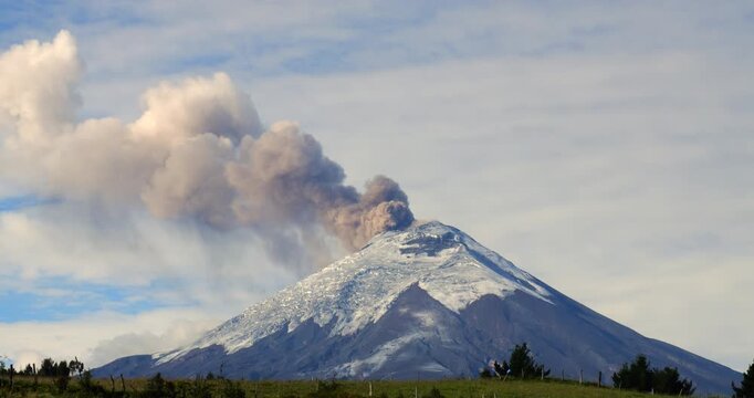 Cotopaxi Volcano, Ecuador, erupting, 12th of May 2023,. Time lapse. Volcanic ash is erupting from the crater. At 5897m altitude one of the world's highest active volcanoes.